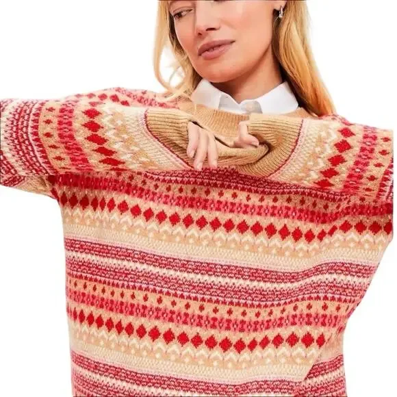 LOFT Striped Fair Isle Everyday Sweater Cotton Blend Red and Tan Size Large - Picture 2 of 7